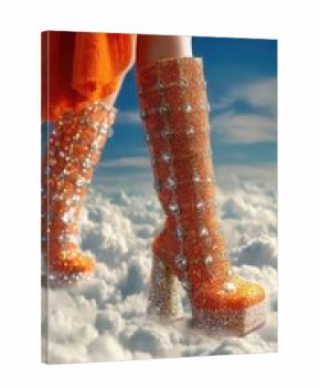 Un primer plano de unos botines de plataforma naranja cubiertos de brillantes, sobre un fondo de nubes blancas y un cielo azul.