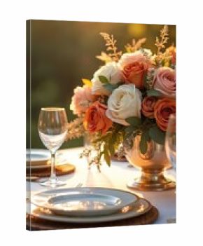 Elegant outdoor table set for formal dinner party celebration. Beautiful floral arrangement with white, orange, peach roses in gold vase. Plates, wine glass, golden cutlery under warm autumn