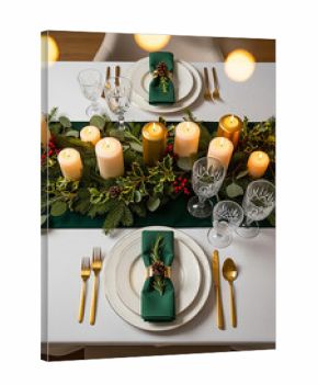 Christmas table setting with candles, pine cones, holly berry, ivy, pine cones, golden cutlery and silver cutlery