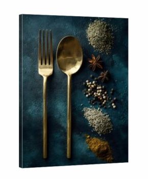 Golden cutlery with assorted spices including star anise, peppercorns, cumin seeds, and turmeric powder on dark blue textured background for food photography.