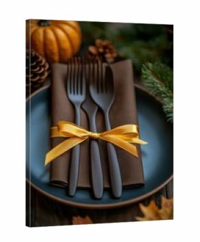 Elegant autumn table setting with cutlery and pumpkin decor