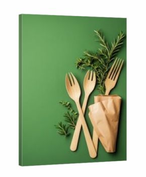 Wooden cutlery with fresh herbs and a paper bag on a green background reflecting nature and ecology.