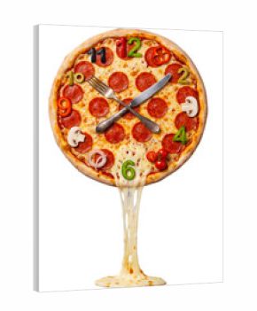 Surreal pizza clock concept with melting cheese, vegetable numbers and cutlery hands on a transparent background