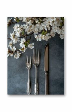 Vintage silverware arranged with cherry blossom branches on a dark tabletop