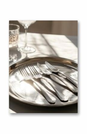 Elegant silverware set on a reflective platter