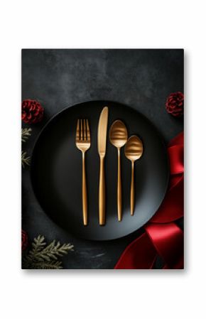 Christmas table setting with a black plate, cutlery, and red ribbon on a dark background, featuring golden cutlery in an elegant style. High-resolution photography of high quality.