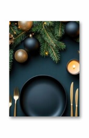 This elegant table features black plates and gold cutlery amidst dark green pine branches and candles, creating a warm, festive atmosphere for Christmas celebrations