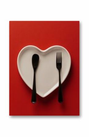 A heart shaped white plate with black cutlery set on a vibrant red background