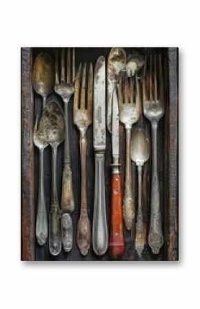 An assortment of vintage silverware arranged neatly in a wooden drawer, showcasing a mix of forks, knives, and spoons.