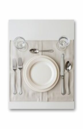 Creative placemat design featuring plate profiles with cross stitched cutlery on white background