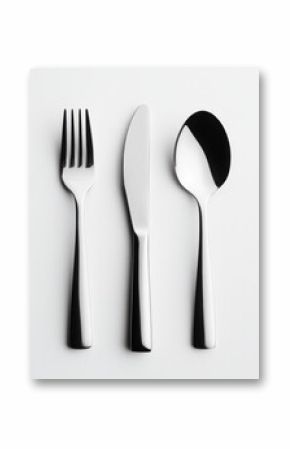 Elegant cutlery arrangement showcasing a fork, knife, and spoon on a neutral background for dining settings