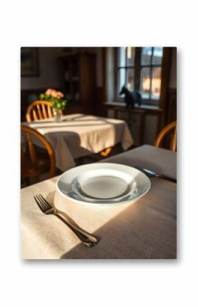 white dinner plate sits on a table with fork and spoon, plate, fork, spoon, vase, flowers vase, kitchen dinning table, 