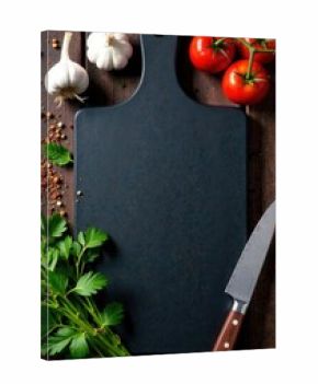 Wooden cutting board with fresh tomatoes, garlic, and spices