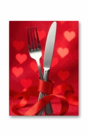 An Elegant Table Setting Featuring a Fork and Knife Beautifully Wrapped in a Red Ribbon