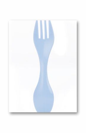 Blue plastic spork combining a spoon and fork in one utensil, isolated on a white background. Ideal for camping or outdoor use.