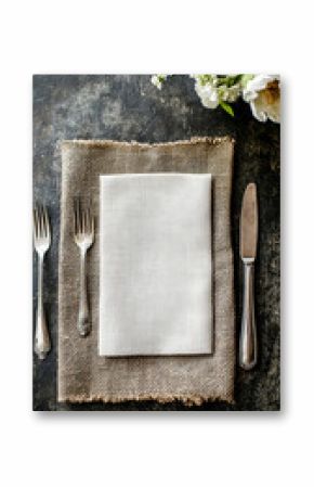 A restaurant menu mockup placed on a textured napkin background, with elegant cutlery beside it. The scene evokes a refined dining experience