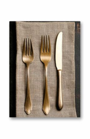 A restaurant menu mockup placed on a textured napkin background, with elegant cutlery beside it. The scene evokes a refined dining experience