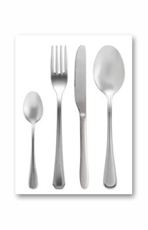 Stainless steel cutlery set. Spoon, knife, fork, teaspoon isolated