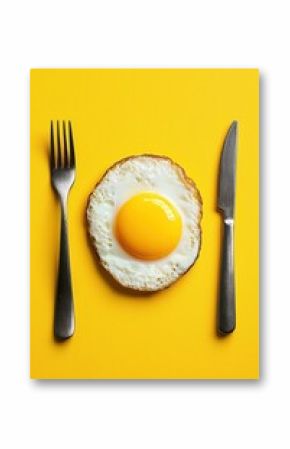 Sunny-side up egg served on a bright yellow background with cutlery arranged symmetrically