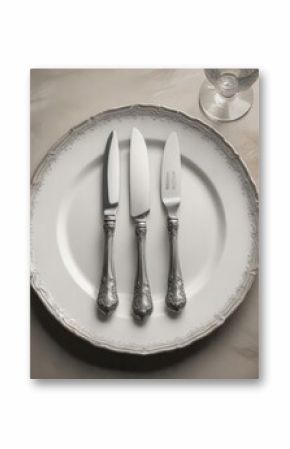 Vintage silver serving knife set on a charger plate, table decor, metallic flatware, fine dining equipment, luxury cutlery