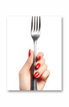 Hand holds a fork on white