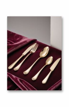 Elegant gold cutlery arranged on burgundy velvet fabric in a sophisticated dining setting