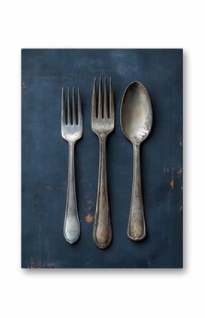 Tarnished silverware including two forks and one spoon aligned vertically