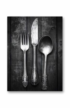 Antique Silverware Set on Rustic Wood- Fork, Knife, Spoon