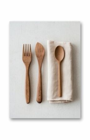 Wooden cutlery set with folded napkin 