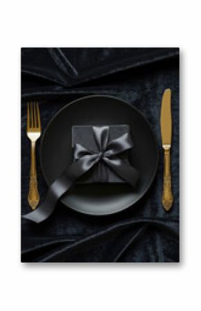 Golden cutlery VIP fine dining, black gift box on plate with silk ribbon on velvet. Engagement, Proposal, Black Friday, Cyber Monday, Valentine, Christmas Luxury, Loyalty, Milestone, Anniversary