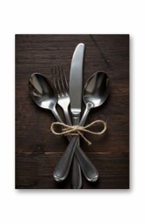 A rustic elegance: silverware elegantly tied together, ready for a delightful meal on a dark wooden table.