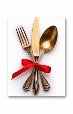 Golden cutlery tied with a red ribbon. Fork, knife, spoon arranged together. Food serving items closeup on white background. Kitchenware with simple decoration.