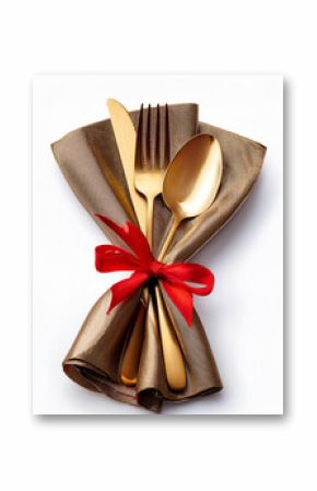 Golden cutlery on brown napkin tied with red ribbon. Festive table setting with spoon, fork, and knife. Food preparation concept. Decorative element on white background.