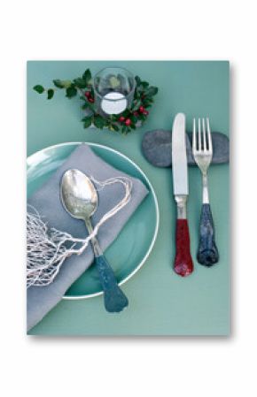 Plate, napkin, Christmas decorations and vintage cutlery