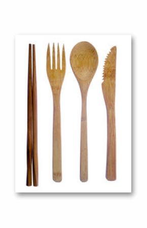 Wooden cutlery set isolated on a white background, consisting of a spoon, fork, Dinner Knife and chopsticks.