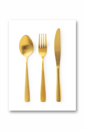 Gold knives, forks and spoons placed on a white background. Beautiful gold cutlery.