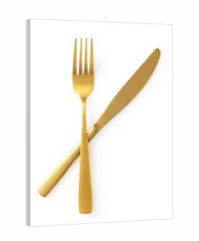 Golden knives and forks set against a white background. Gold cutlery. Beautiful gold cutlery.