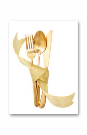 Gold cutlery and ribbon decoration isolated on transparent background, PNG. Christmas table setting top view.