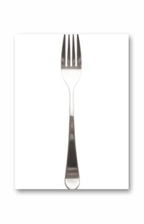 Fork. Metallic stainless steel silver fork for cutlery set or table setting. Concept for restaurants food menu, lunch, dinner. Kitchenware for Kitchen. White isolated background. Flat lay, top view