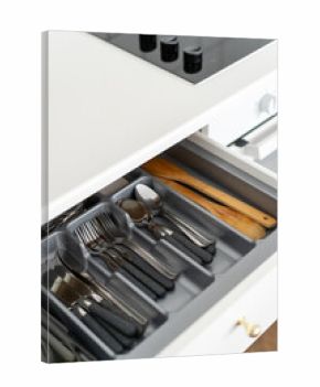 open wooden box with cutlery tray, storage concept