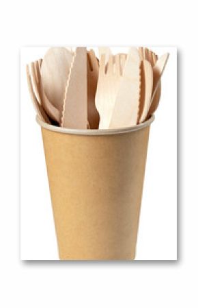 Disposable paper cup with wooden cutlery for takeaway dishes. Isolated background.