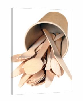 Disposable paper cup with wooden cutlery for takeaway dishes. Isolated background.