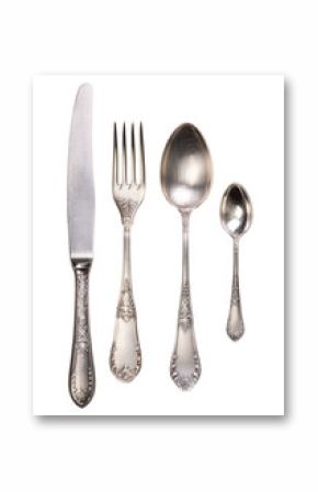 Old silver cutlery isolated on white or transparent background