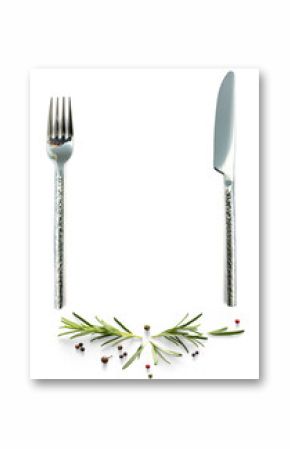 Food poster with cutlery and fresh mediterranean herb and spices with real transparent shadow isolated on transparent background. PNG cooking background design element