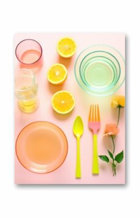 Pastel tableware setup including plates, glasses, and cutlery, complemented by fresh lemon slices and roses