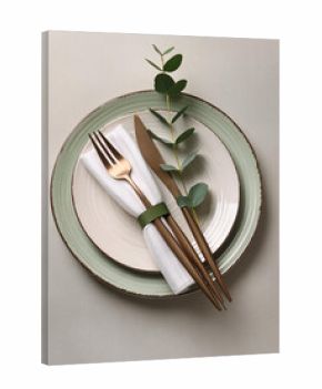 Stylish setting with cutlery, napkin, eucalyptus branch and plates on light table, top view