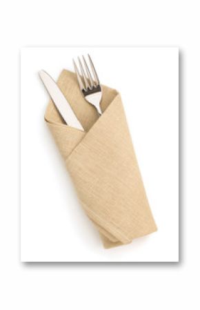 napkin, fork and knife isolated on white