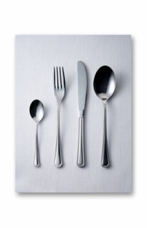 Four pieces of silverware/ cutlery on white cotton table cloth, ready to be used, including spoon, fork, knife and teaspoon 