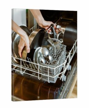 Crop hands loading dishwasher