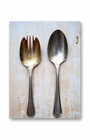 Vintage Silver Spoon and Fork on Wooden Background Rustic Kitchen Utensils